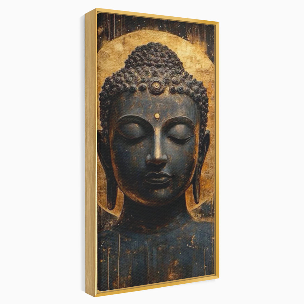 Tablou canvas cu tablou canvas cu capul lui buddha, in rama de aluminiu auriu